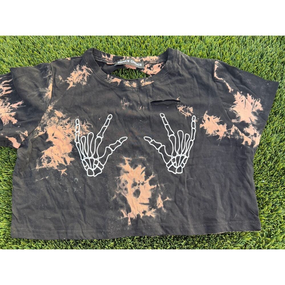 Sofia's Choice Black Tan Distressed Cropped Tie Dye Skeleton Hands T-Shirt